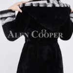 Women’s long black real rabbit fur winter coat with stylish bi-color wide collar back side v