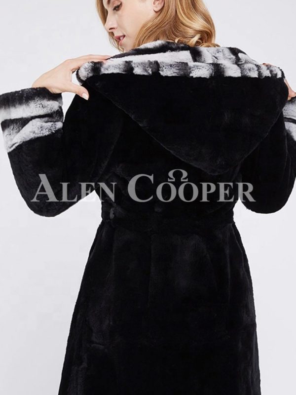 Women’s long black real rabbit fur winter coat with stylish bi-color wide collar back side v