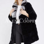 Women’s long real fur black warm winter fur coat with lapel style bi-color collar