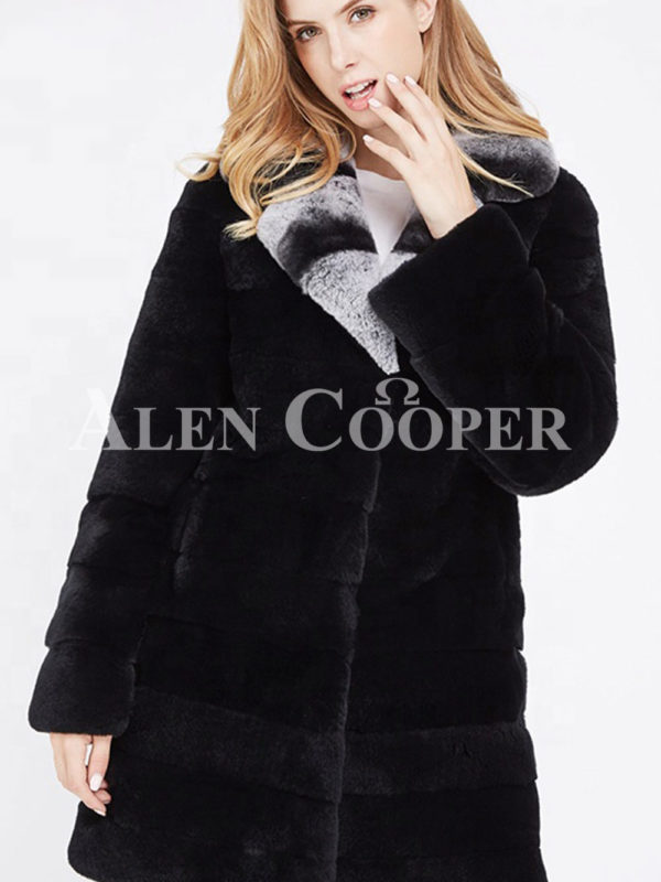 Women’s long real fur black warm winter fur coat with lapel style bi-color collar clos