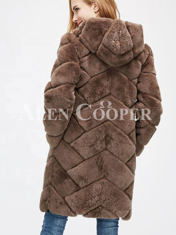 Women’s mid-length bi-color real fur coat with high neck back side view