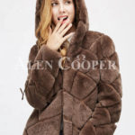 Women’s mid-length bi-color real fur coat with high neck close view