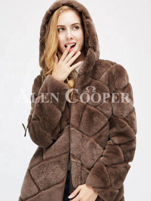 Women’s mid-length bi-color real fur coat with high neck close view
