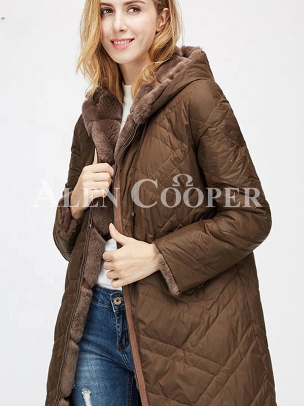Women’s mid-length bi-color real fur coat with high neck side view