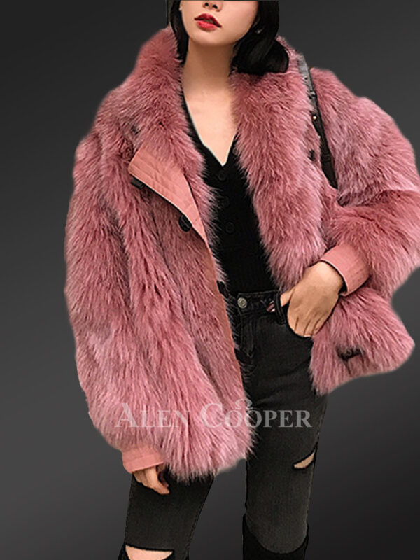 Women’s mid length super stylish super warm real fox fur winter coat Pink New