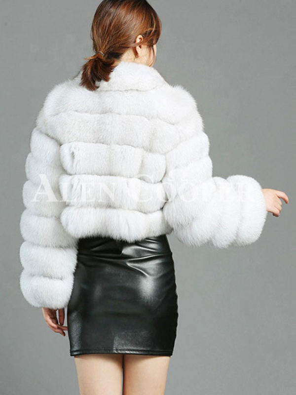 Women’s short real fur warm winter luxury short coat baxk side view