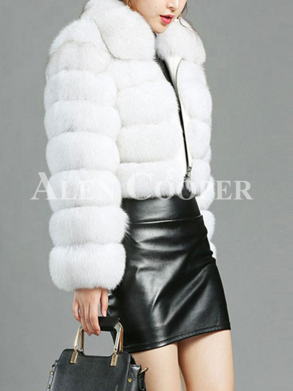 Women’s short real fur warm winter luxury short coat side view