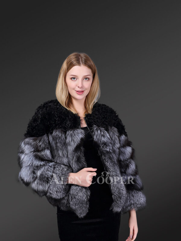 Women’s stylish shawl shoulder and hooded real fox fur coat in black-white new