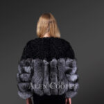 Women’s stylish shawl shoulder and hooded real fox fur coat in black-white new Back view