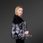 Women’s stylish shawl shoulder and hooded real fox fur coat in black-white new side view