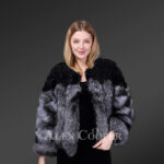 Women’s stylish shawl shoulder and hooded real fox fur coat in black-white new view