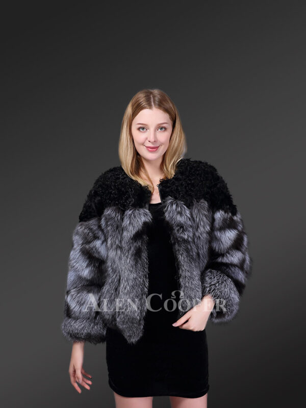 Women’s stylish shawl shoulder and hooded real fox fur coat in black-white new view