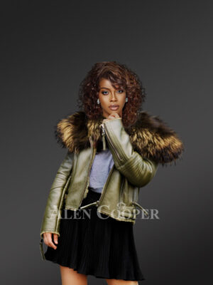 Women’s super stylish super soft super warm real leather jacket with raccoon fur collar in green New