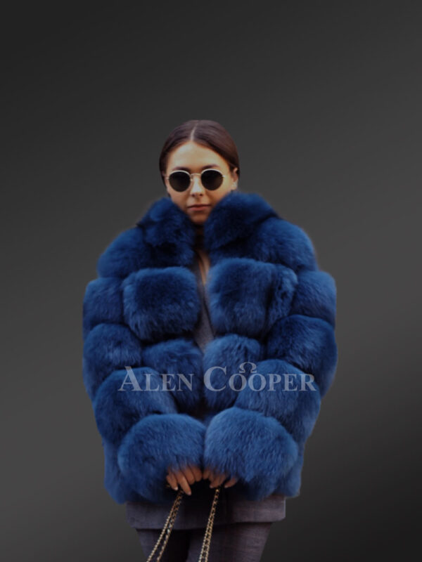 Women’s super stylish super warm 6 rows real fox fur coat new blue