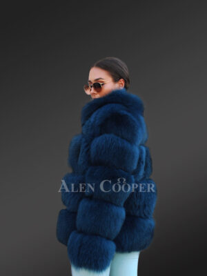 Women’s super stylish super warm 6 rows real fox fur coat new blue side view