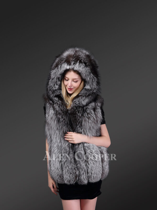 Women’s super warm classic real fox fur hooded waistcoat new view