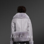 Women’s unique super warm real sheepskin-fur winter outerwear in grey new back side view
