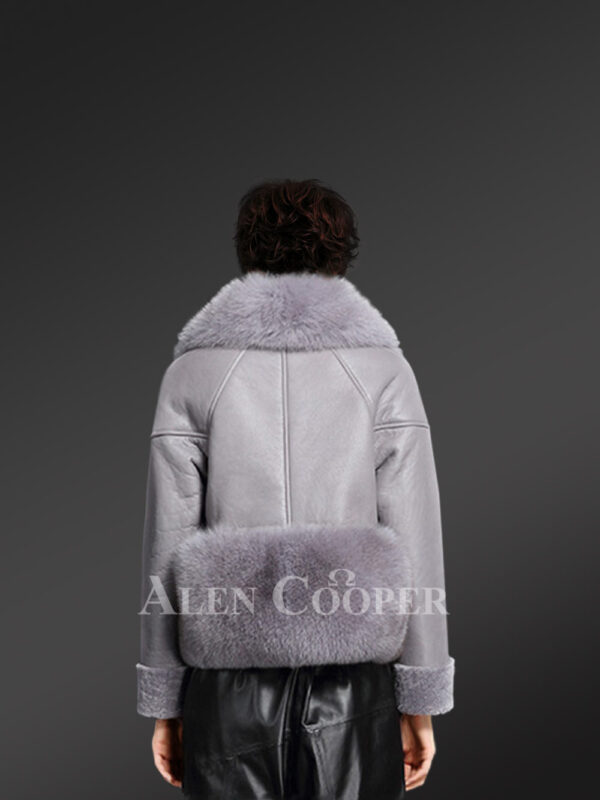 Women’s unique super warm real sheepskin-fur winter outerwear in grey new back side view