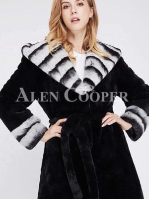 long black real rabbit fur winter coat with stylish bi-color wide collar for Women’s