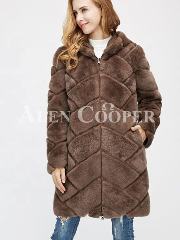 mid-length bi-color real fur coat with high neck for Women’s