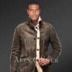 warm vintage shearling coat with leather trim accents for men new