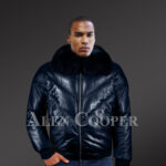 Men’s super stylish and classic real leather v bomber jacket with navy crystal fur collar model