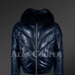 Men’s super stylish and classic real leather v bomber jacket with navy crystal fur collar new