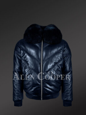Men’s super stylish and classic real leather v bomber jacket with navy crystal fur collar new