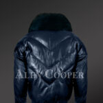 Men’s super stylish and classic real leather v bomber jacket with navy crystal fur collar new back side view