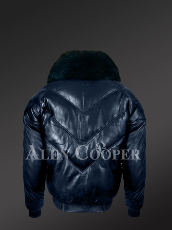 Men’s super stylish and classic real leather v bomber jacket with navy crystal fur collar new back side view