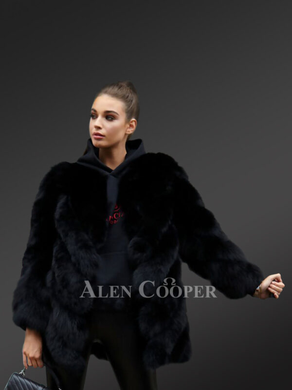 Mid-length oversized real fox fur paragraph winter coat for women in black new