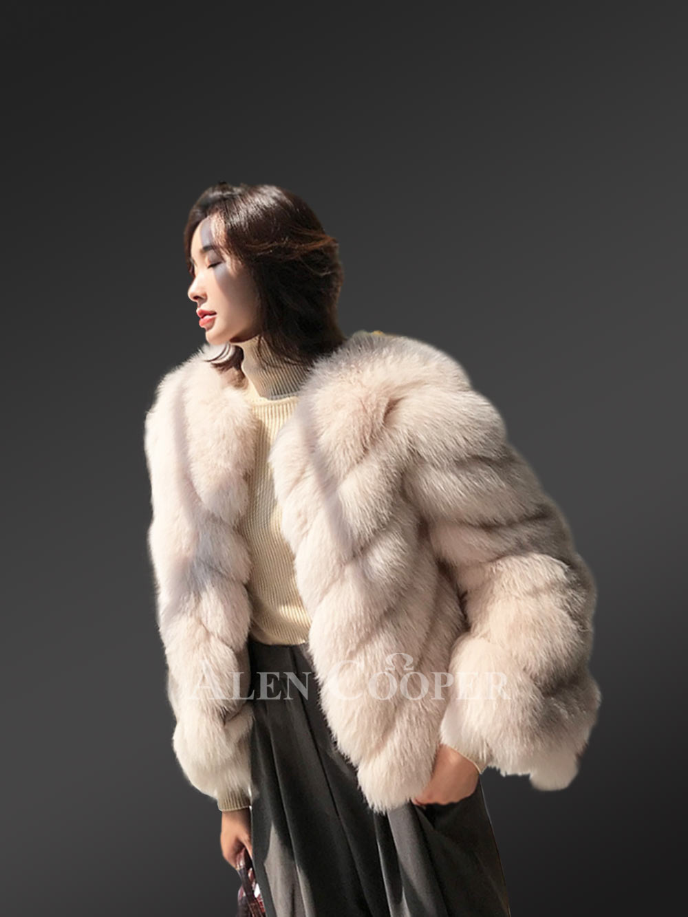 Soft textured real fox fur super warm paragraph coat for women