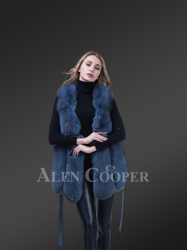 Stylish and unique real fox fur incredibly warm winter vest for women in blue New