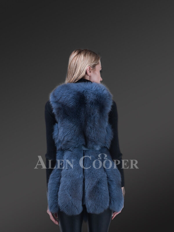 Stylish and unique real fox fur incredibly warm winter vest for women in blue New back side view