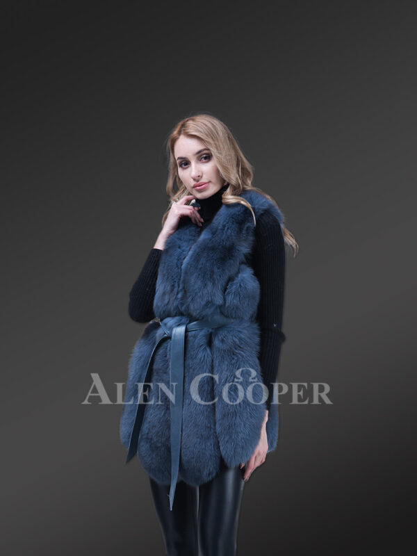 Stylish and unique real fox fur incredibly warm winter vest for women in blue New side view