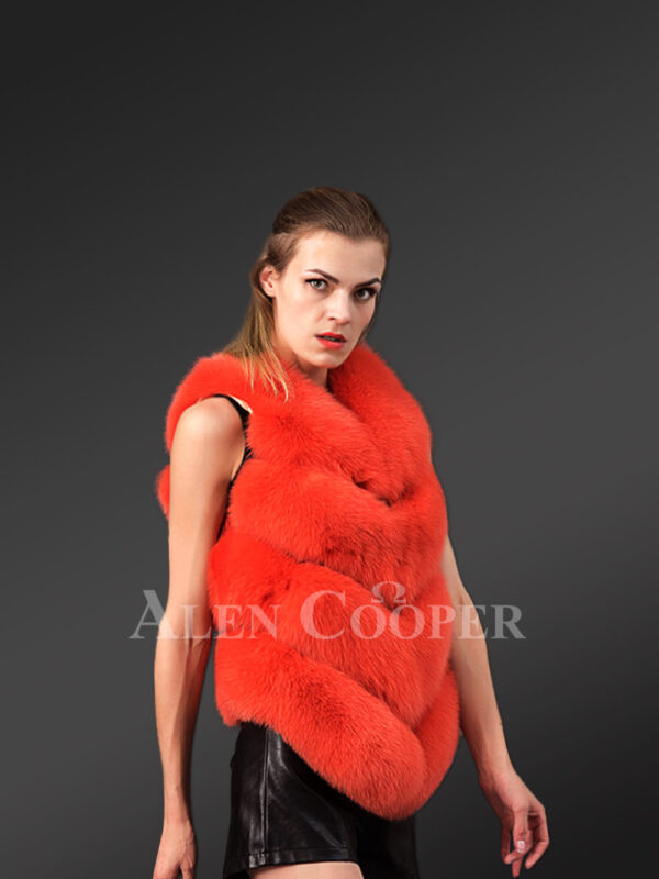 Stylish and warm 4 paragraph real fox fur winter vest for women in bright orange new views