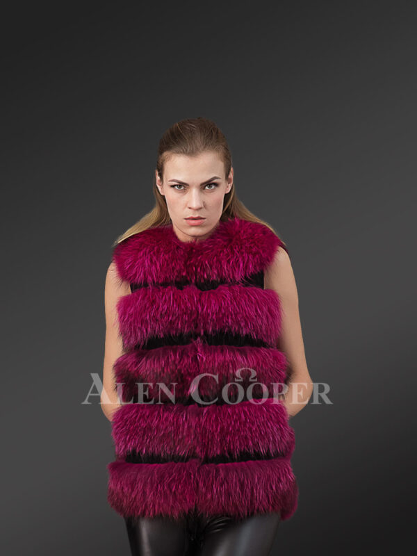 Trendy real fox fur 5 rows paragraph winter vest in wine for women new