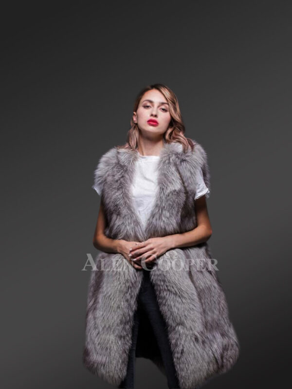 Trendy real fox fur long and sleeveless winter coat with inner side pockets new view