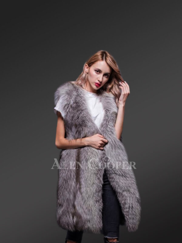 Trendy real fox fur long and sleeveless winter coat with inner side pockets new views