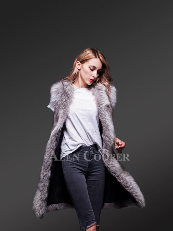 Trendy real fox fur long & sleeveless winter coat with inner side pockets new