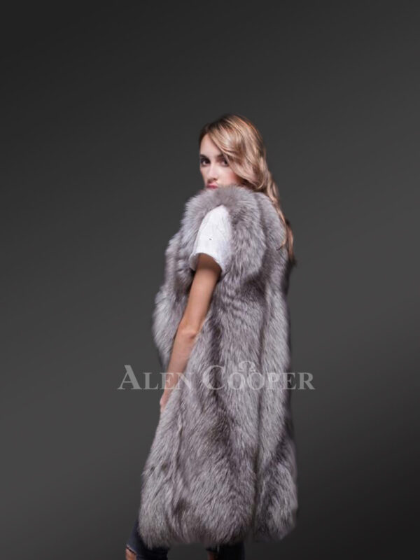 Trendy real fox fur long & sleeveless winter coat with inner side pockets new Side view
