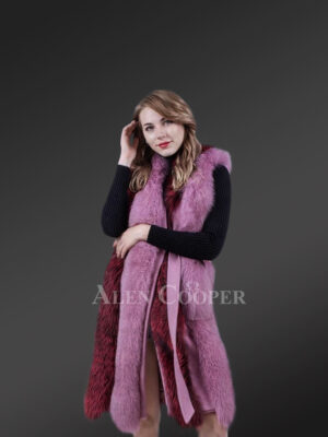 Women long and stylish bi-color real fur winter coat with mid belt