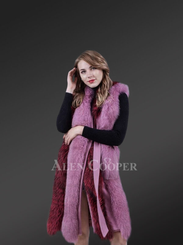 Women long and stylish bi-color real fur winter coat with mid belt