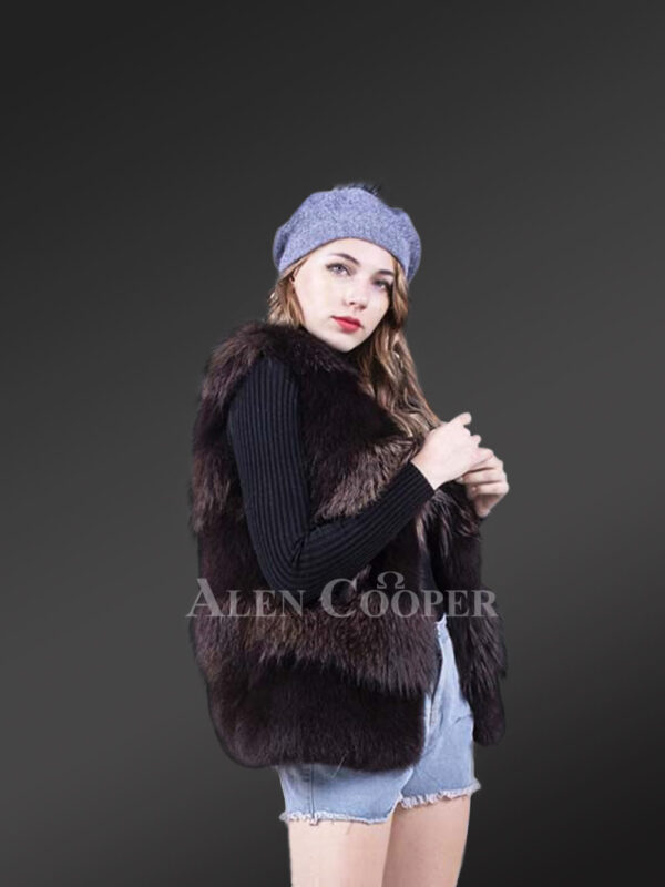 Women mid-length bi-color soft and warm real fox fur winter vest new views