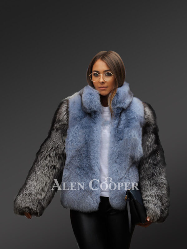 Women oversized genuine blue-black-white fox fur winter coat new side view