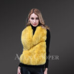 Women short length sleeveless genuine fox fur winter vest in yellow new