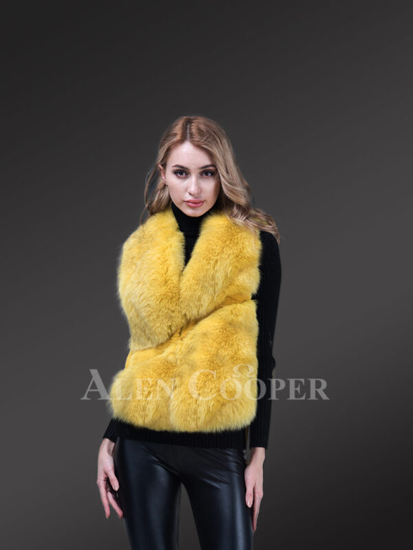 Women short length sleeveless genuine fox fur winter vest in yellow new