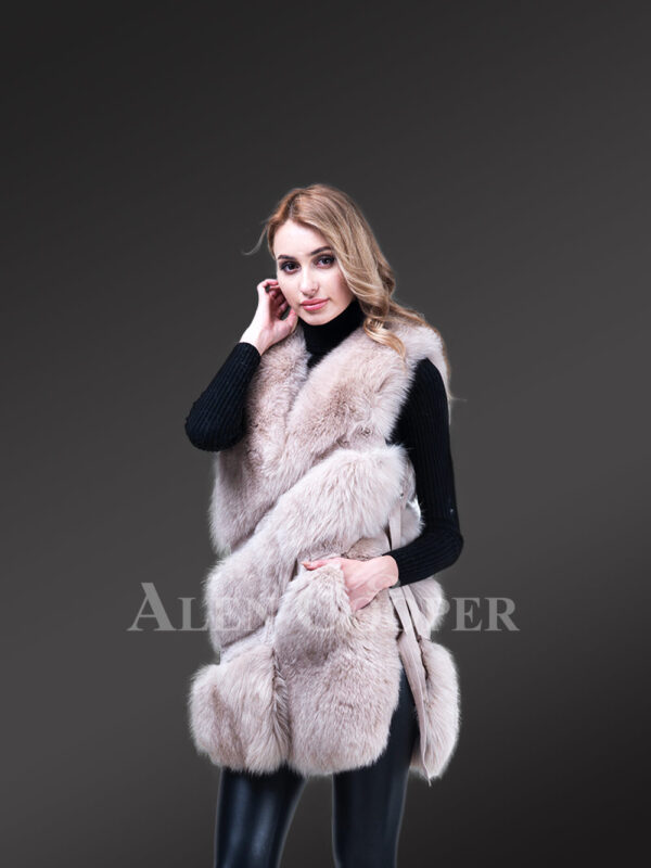 Women stylish real fox fur mid-length winter vest with twisted front new Side view
