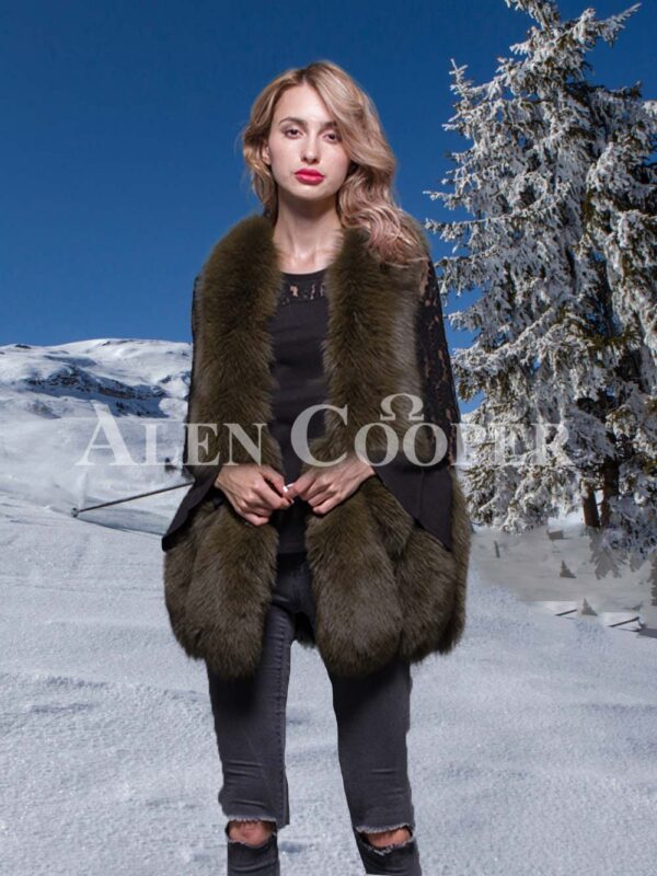 Women super stylish and unique real fox fur winter vest in rich olive