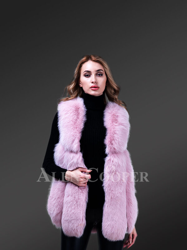 Women unique real fox fur knitted winter vest in soft pink new side view